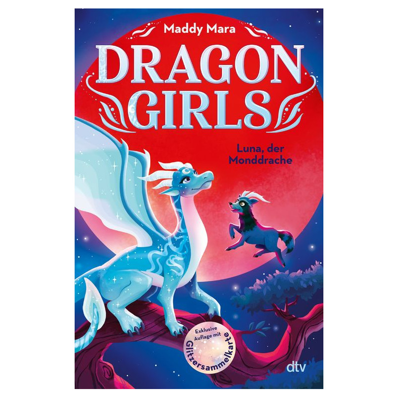 Buchcover von "Dragon Girls: Luna, der Monddrache" mit blauem Drachen und kleinem schwarzen Einhorn unter rotem Mond.