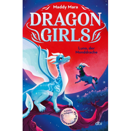 Buchcover von "Dragon Girls: Luna, der Monddrache" mit blauem Drachen und kleinem schwarzen Einhorn unter rotem Mond.
