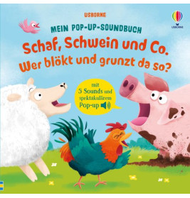 Cover eines deutschen Kinderbuchs mit Schaf, Schwein und Hahn auf einer grünen Wiese.