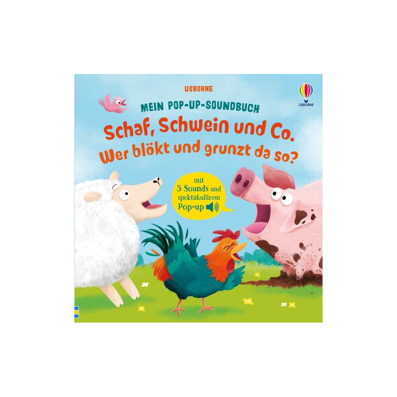 Cover eines deutschen Kinderbuchs mit Schaf, Schwein und Hahn auf einer grünen Wiese.