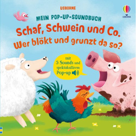 Cover eines deutschen Kinderbuchs mit Schaf, Schwein und Hahn auf einer grünen Wiese.