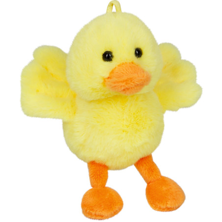 Ein gelbes Plüschentenküken mit orangem Schnabel, orangefarbenen Füßen und kleinen schwarzen Augen.