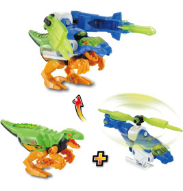 Ein Spielzeug-Dinosaurier verwandelt sich in einen Hubschrauber in Grün, Blau und Orange.