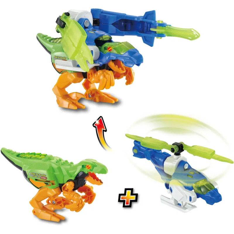 Ein Spielzeug-Dinosaurier verwandelt sich in einen Hubschrauber in Grün, Blau und Orange.