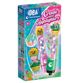 Bunte Highlighter-Set-Box mit Kakteen- und Blumenformen auf pinkem Hintergrund.