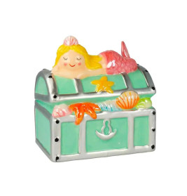 Keramische Schatztruhe mit lächelnder Meerjungfrau, Muscheln und Seesternen als Dekoration auf dem Deckel.