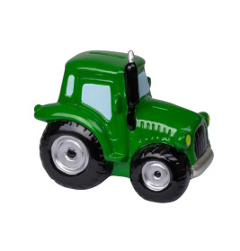 Grüner Spielzeugtraktor mit großen schwarzen Rädern und silbernen Felgen vor weißem Hintergrund.