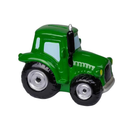 Grüner Spielzeugtraktor mit großen schwarzen Rädern und silbernen Felgen vor weißem Hintergrund.