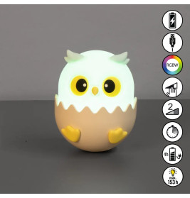 Eine leuchtende Eulen-Nachtlampe steht auf grauem Untergrund, rechts daneben befinden sich Funktionssymbole.