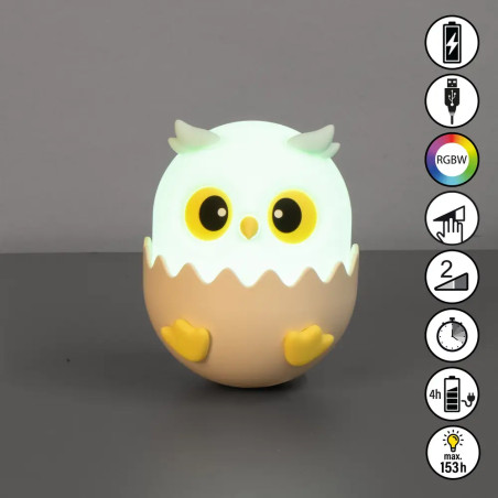 Eine leuchtende Eulen-Nachtlampe steht auf grauem Untergrund, rechts daneben befinden sich Funktionssymbole.