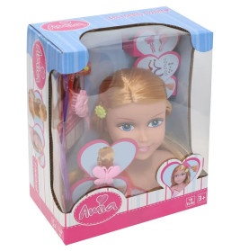 Blonder Stylingkopf mit Haar-Accessoires in pink-blauer Amia-Box, geeignet für Kinder ab 3 Jahren.