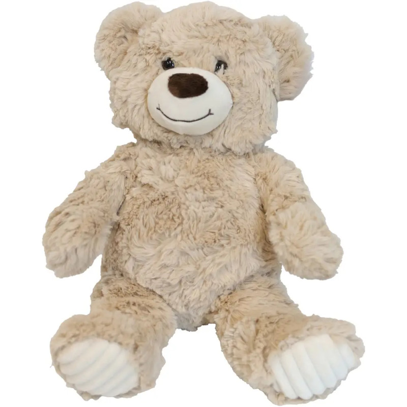 Ein flauschiger, hellbrauner Teddybär mit weißer Schnauze und Pfoten sitzt aufrecht und lächelt.