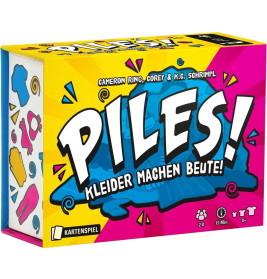 Bunte Box des Kartenspiels PILES! Kleider machen Beute! mit Kleidungssymbolen und comicartigem Schriftzug.