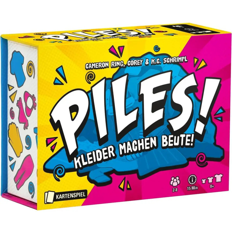 Bunte Box des Kartenspiels PILES! Kleider machen Beute! mit Kleidungssymbolen und comicartigem Schriftzug.