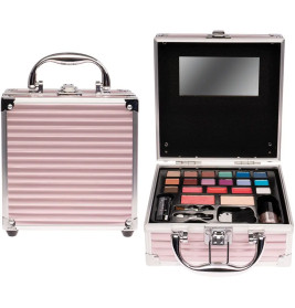 Rosa Schminkkoffer mit Griff, geschlossen und offen gezeigt mit Kosmetik, Pinseln und Spiegel im Inneren.