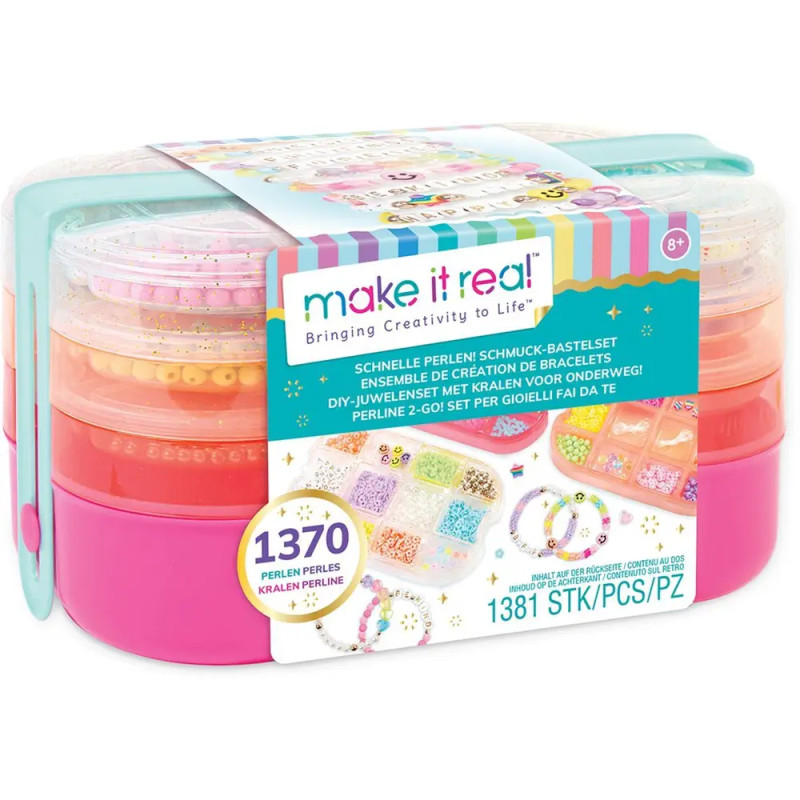 Make It Real Perlen-Set mit 1370 bunten Perlen für DIY-Schmuck in einer rosa-transparenten Aufbewahrungsbox.