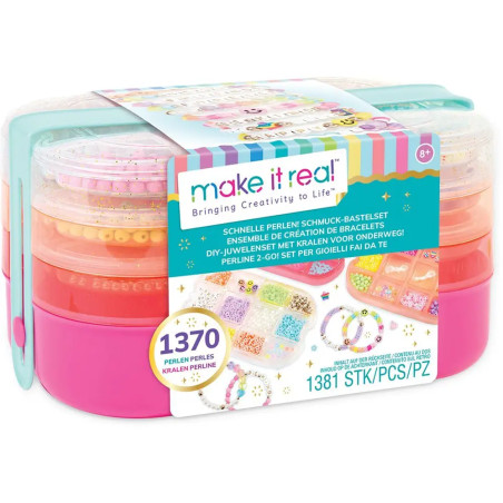 Make It Real Perlen-Set mit 1370 bunten Perlen für DIY-Schmuck in einer rosa-transparenten Aufbewahrungsbox.