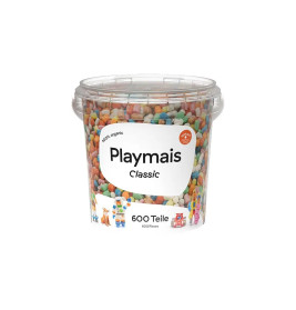 PlayMais Classic Dose mit bunten Teilen, Label zeigt 600 Stück und 100% organisch.