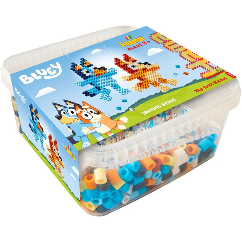 Kunststoffdose mit bunten Bluey-Bügelperlen und Bluey-Motiv auf der Verpackung.