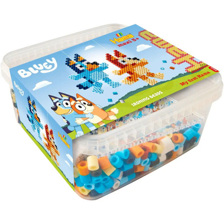 Kunststoffdose mit bunten Bluey-Bügelperlen und Bluey-Motiv auf der Verpackung.