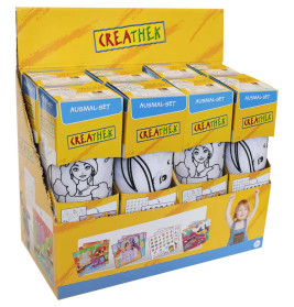 CREATHEK-Malsets mit Comicfiguren in leuchtend gelber Verpackung sind im Einzelhandel ausgestellt.