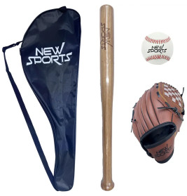 Baseball-Set mit Schläger, Handschuh, Ball und einer dunkelblauen Tasche mit der Aufschrift NEW SPORTS.