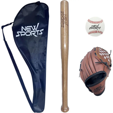 Baseball-Set mit Schläger, Handschuh, Ball und einer dunkelblauen Tasche mit der Aufschrift NEW SPORTS.