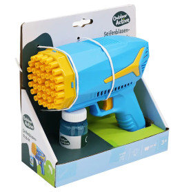 Blau-gelbe Seifenblasenpistole im Karton, inklusive kleinem Fläschchen mit Seifenblasenflüssigkeit.