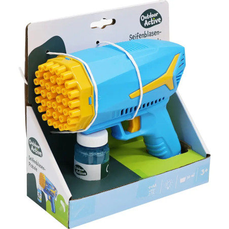 Blau-gelbe Seifenblasenpistole im Karton, inklusive kleinem Fläschchen mit Seifenblasenflüssigkeit.