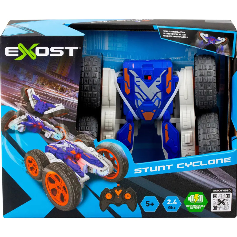 Exost Stunt Cyclone Fernsteuerungsauto in blau-orangefarbener Verpackung, empfohlen ab 5 Jahren.