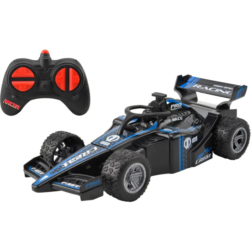 Schwarzes und blaues ferngesteuertes Auto mit schwarzer und roter Fernbedienung daneben.