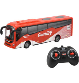 Rotes Spielzeugbus mit der Aufschrift Century neben schwarzer, rot abgesetzter Fernsteuerung.