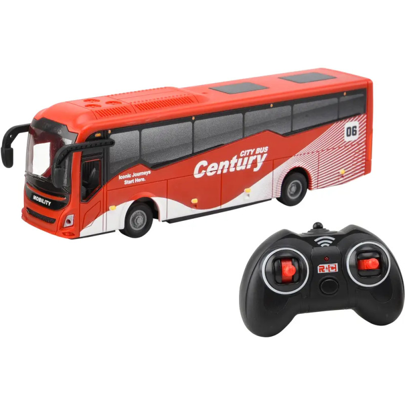Rotes Spielzeugbus mit der Aufschrift Century neben schwarzer, rot abgesetzter Fernsteuerung.