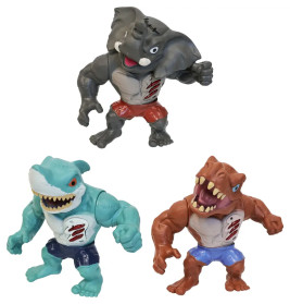 Drei muskulöse Actionfiguren mit Tierköpfen - Elefant, Hai und Dinosaurier -, die jeweils Shorts tragen.