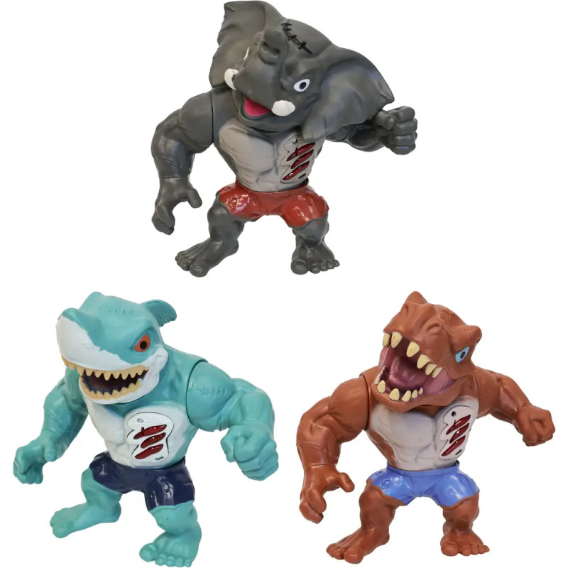 Drei muskulöse Actionfiguren mit Tierköpfen - Elefant, Hai und Dinosaurier -, die jeweils Shorts tragen.