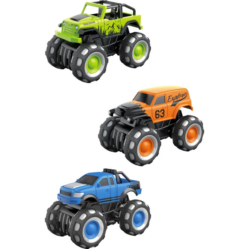 Drei Spielzeug-Monstertrucks in Grün, Orange und Blau, alle mit übergroßen Rädern.