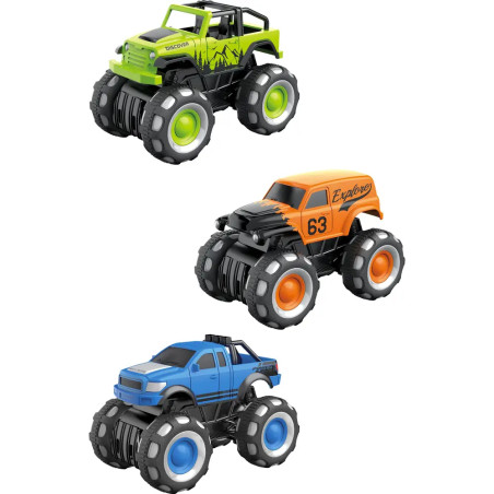 Drei Spielzeug-Monstertrucks in Grün, Orange und Blau, alle mit übergroßen Rädern.