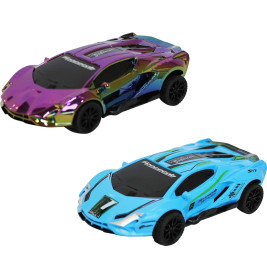 Zwei Spielzeug-Sportwagen, einer metallic-lila und einer hellblau, beide mit schwarzen Rädern und Rennaufklebern.