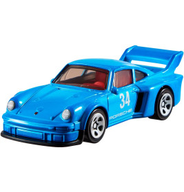 Blaues Spielzeug-Rennauto mit großem Heckspoiler, Nummer 34 an der Seite und Porsche-Schriftzug an der Tür.