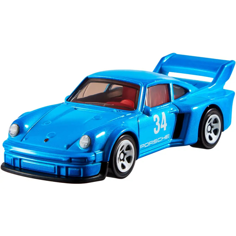 Blaues Spielzeug-Rennauto mit großem Heckspoiler, Nummer 34 an der Seite und Porsche-Schriftzug an der Tür.