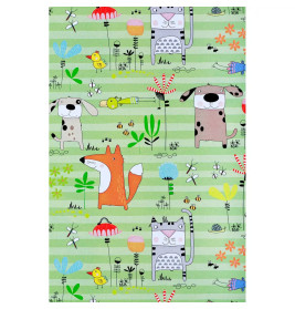 Cartoon-Tiere wie Hunde, Katzen, ein Fuchs und Vögel auf grün gestreiftem Hintergrund mit Blumen und Insekten.