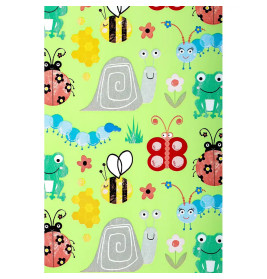 Cartoonhafte Käfer, Schnecken, Frösche und Blumen auf grünem Grund mit Bienen und Honigwaben.