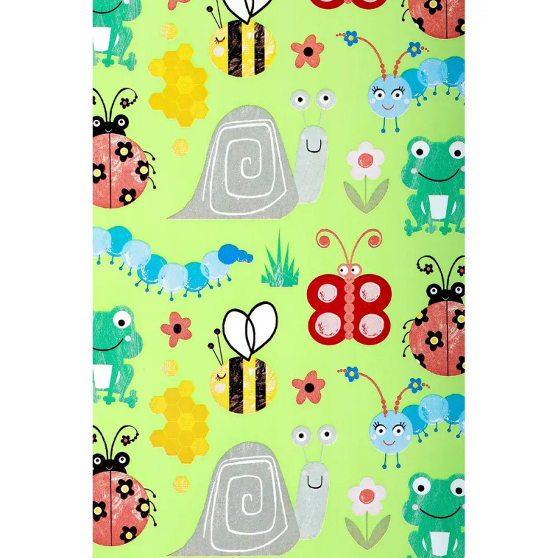 Cartoonhafte Käfer, Schnecken, Frösche und Blumen auf grünem Grund mit Bienen und Honigwaben.