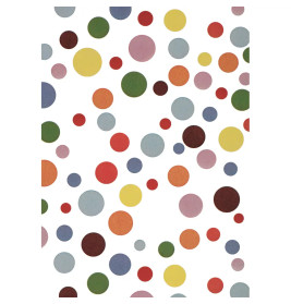 Bunte Punkte unterschiedlicher Größe sind auf weißem Hintergrund verteilt.