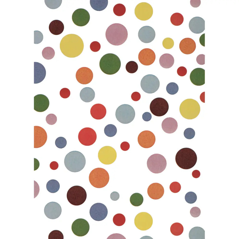 Bunte Punkte unterschiedlicher Größe sind auf weißem Hintergrund verteilt.