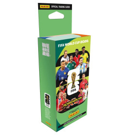 Grüne Panini FIFA WM 2026 Adrenalyn Trading Cards Box mit Abbildungen verschiedener Fußballspieler.