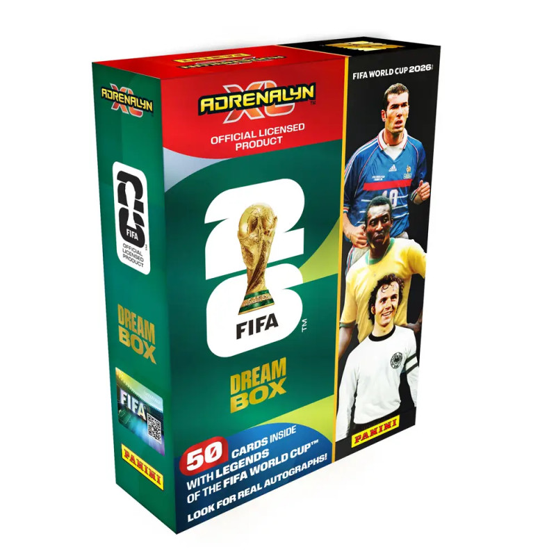 FIFA Dream Box Sammelkartenpack mit Fußballspielern und goldener FIFA-WM-Trophäe auf dem Cover.
