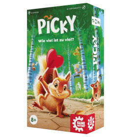 Ein fröhliches Eichhörnchen mit rotem Ballon auf der bunten Picky-Spieleschachtel von Game Factory.