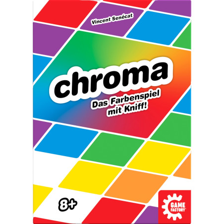 Bunte Spieleschachtel "chroma - Das Farbenspiel mit Kniff" mit Regenbogen-Steinen. Ab 8 Jahren.