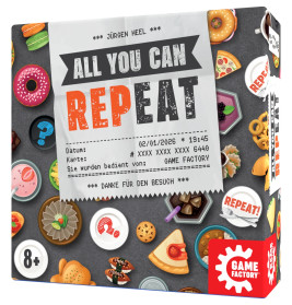 Bunte Brettspielschachtel mit verschiedenen Essensmotiven und dem Titel All You Can RepeAT auf der Vorderseite.